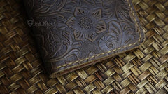 Handmade Leather Floral Mens Cool Travel Long Wallet Card Holder Card Slim Clutch Wallets for Men - imessengerbags