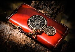 Handmade Leather Tibetan Mens Chain Biker Wallet Cool Leather Wallet Long Clutch Wallets for Men
