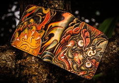 Handmade Leather Chinese Lion Tooled Mens billfold Wallet Cool Leather Wallet Slim Wallet for Men - imessengerbags