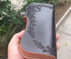 Handmade Leather Biker Wallet Tooled Floral Mens Cool Chain Wallet Trucker Wallet with Chain