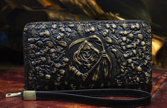Handmade Leather Mens Tooled Skull Death Cool Zipper Phone Travel Long Wallet Card Holder Card Slim Clutch Wallets for Men - imessengerbags