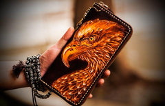 Handmade Leather Mens Tooled Eagle Chain Biker Wallet Cool Leather Wallet Long Clutch Wallets for Men - imessengerbags