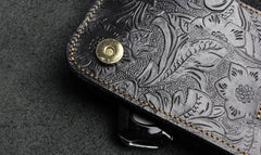 Handmade Leather Floral Mens Cool Travel Long Wallet Card Holder Card Slim Clutch Wallets for Men - imessengerbags