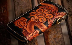 Handmade Leather Tooled Chinese Dragon Mens Chain Biker Wallet Cool Leather Wallet Zipper Long Phone Wallets for Men - imessengerbags