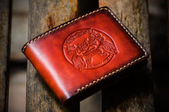Handmade Leather Chinese Lion Tooled Mens billfold Wallet Cool Leather Wallet Slim Wallet for Men - imessengerbags