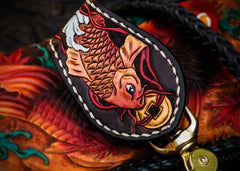 Handmade Leather Tooled Carp Mens Chain Biker Wallet Cool Leather Wallet Long Phone Wallets for Men