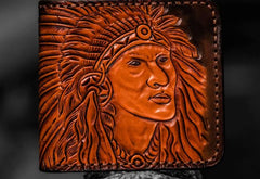Handmade Leather Indian Chief Tooled Mens billfold Wallet Cool Leather Wallet Slim Wallet for Men - imessengerbags