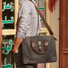 Mens Gray Canvas Briefcase Handbag Work Bag Business Bag for Men - imessengerbags