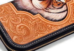 Handmade Leather Mens Clutch Wallet Cool Floral Tiger Tooled Wallet Long Zipper Wallets for Men - imessengerbags