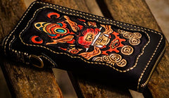 Handmade Leather Mens Tooled Monster Chain Biker Wallet Cool Leather Wallet Long Clutch Wallets for Men - imessengerbags