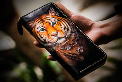 Handmade Leather Men Tooled Tiger Cool Leather Wallet Long Phone Clutch Wallets for Men - imessengerbags