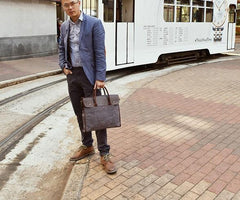 Mens Gray Canvas Leather Briefcase Handbag Work Bag Business Bag for Men