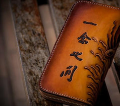 Handmade Leather Mens Clutch Wallet Cool Buddha&Demon Tooled Wallet Long Zipper Wallets for Men - imessengerbags