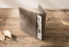 Cool Leather Mens Gray Small Wallet Bifold Vintage Slim billfold Wallet for Men - imessengerbags