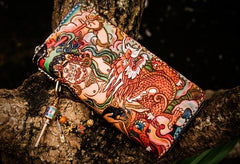 Handmade Leather Tooled White Jambhala Mens Chain Biker Wallet Cool Leather Wallet Zipper Long Phone Wallets for Men