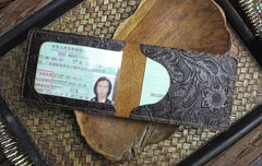 Handmade Leather Floral Mens License Wallets Cool Short Wallet Card Holder Small Card Slim Wallets for Men