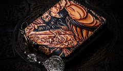 Handmade Leather Chinese Black&White Tooled Mens billfold Wallet Cool Leather Wallet Slim Wallet for Men - imessengerbags