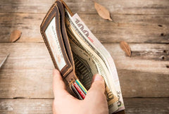 Cool Leather Mens Coffee Slim Small Wallet Bifold Vintage billfold Wallet for Men - imessengerbags