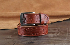 Genuine Leather Punk Rock Biker Trucker Tooled Floral Mens Belt Men Black Coffee Belt for Men