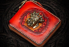 Handmade Mahākāla Leather Brown Biker Wallet Mens Cool Short Chain Wallet Trucker Wallet with Chain - imessengerbags
