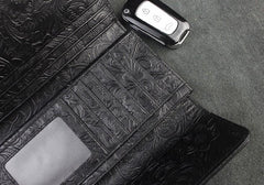 Handmade Leather Floral Mens Cool Travel Long Wallet Card Holder Card Trifold Clutch Wallets for Men - imessengerbags