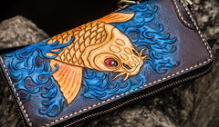 Handmade Leather Men Tooled Carp Cool Leather Wallet Long Phone Wallets for Men - imessengerbags