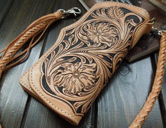 Handmade Leather Biker Wallet Tooled Floral Mens Cool Chain Wallet Trucker Wallet with Chain