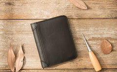 Black Cool Leather Mens Small Wallet Trifold Vintage billfold Wallet for Men - imessengerbags