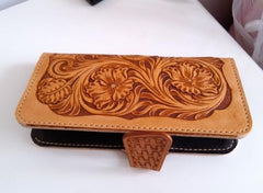 Handmade Leather Tooled Floral Mens Long Wallet Cool Long Wallet for Men - imessengerbags