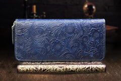 Handmade Leather Floral Mens Cool Travel Long Wallet Card Holder Card Slim Clutch Wallets for Men - imessengerbags