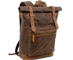 Coffee Waxed Canvas Leather Mens Cool Backpack Canvas Travel Backpack Canvas School Backpack for Men