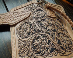 Handmade Leather Biker Wallet Tooled Floral Mens Cool Chain Wallet Trucker Wallet with Chain