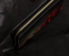 Handmade Leather Tooled Mahākāla Mens Chain Biker Wallet Cool Leather Wallet Long Clutch Wallets for Men
