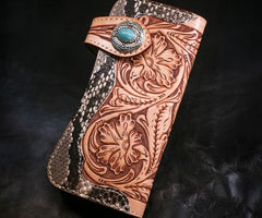 Handmade Mens Cool Tooled Boa Skin Floral Leather Chain Wallet Biker Trucker Wallet with Chain