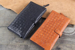 Genuine Leather Mens Cool Braided Wallet Long Leather Wallet Clutch Wristlet Wallet for Men - imessengerbags
