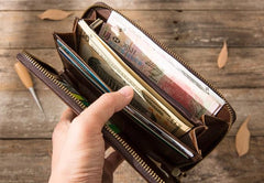 Cool Leather Mens Coffee Long Zipper Clutch Wallet Long Wallet for Men - imessengerbags