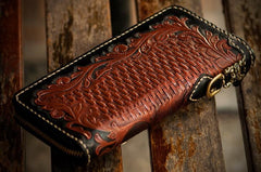 Handmade Leather Mens Tooled Eagle Chain Biker Wallet Cool Leather Wallet Long Clutch Wallets for Men - imessengerbags