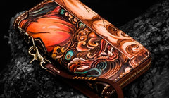 Handmade Leather Tooled Chinese Lion Mens Chain Biker Wallet Cool Leather Wallet Long Phone Wallets for Men - imessengerbags