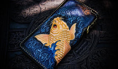 Handmade Leather Men Tooled Carp Cool Leather Wallet Long Phone Wallets for Men - imessengerbags