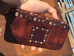 Handmade Genuine Rock Punk Leather Mens Cool Long Wallet Wristlet Bifold Clutch Wallet for Men