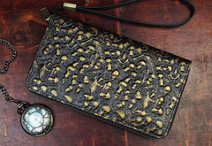 Handmade Leather Mens Tooled Skull Death Cool Zipper Phone Travel Long Wallet Card Holder Card Slim Clutch Wallets for Men - imessengerbags