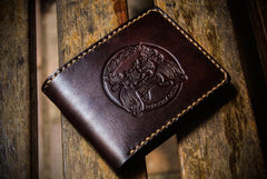 Handmade Leather Chinese Lion Tooled Mens billfold Wallet Cool Leather Wallet Slim Wallet for Men - imessengerbags