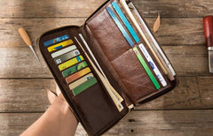 Cool Leather Mens Coffee Long Zipper Clutch Wallet Long Wallet for Men - imessengerbags