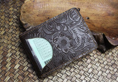 Handmade Leather Floral Mens License Wallets Cool Short Wallet Card Holder Small Card Slim Wallets for Men