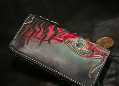 Handmade Leather Tooled Mahākāla Mens Chain Biker Wallet Cool Leather Wallet Long Clutch Wallets for Men - imessengerbags