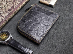 Handmade Leather Floral Mens Front Pocket Wallet Cool Slim Leather Wallet Men billfold Wallets Bifold for Men - imessengerbags