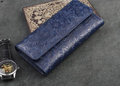 Handmade Leather Floral Mens Cool Travel Long Wallet Card Holder Card Trifold Clutch Wallets for Men - imessengerbags