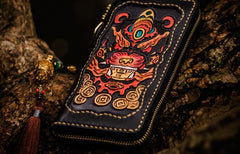 Handmade Leather Mens Tooled Monster Chain Biker Wallet Cool Leather Wallet Long Clutch Wallets for Men - imessengerbags