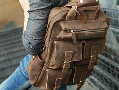 Vintage Coffee Mens Leather Backpacks Travel Backpacks Laptop Backpack for men