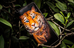 Handmade Leather Men Tooled Tiger Cool Leather Wallet Long Phone Clutch Wallets for Men - imessengerbags